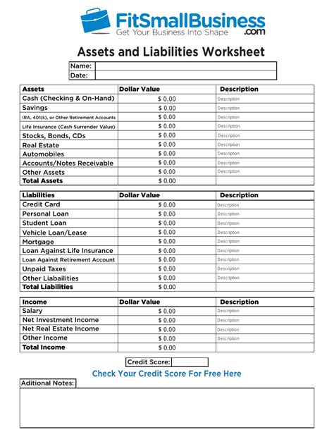aa assets and liabilities worksheet
